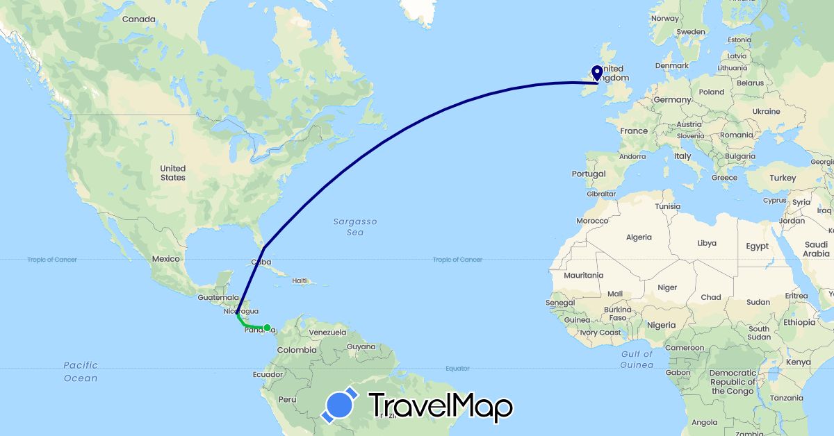 TravelMap itinerary: driving, bus in Costa Rica, Ireland, Nicaragua, Panama, United States (Europe, North America)